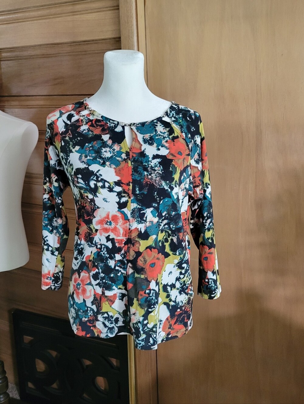 Floral Keyhole Long-Sleeve Blouse in Black, Teal & Orange